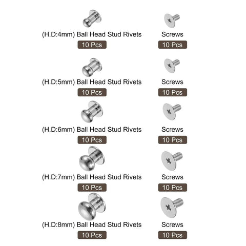 Ball Head Stud Rivet Set 4 5 6 7 8 Mm Head Diameter Back Screws 50 Pack Silver Tone Zinc Alloy Button Nipple Rivets for leather craft