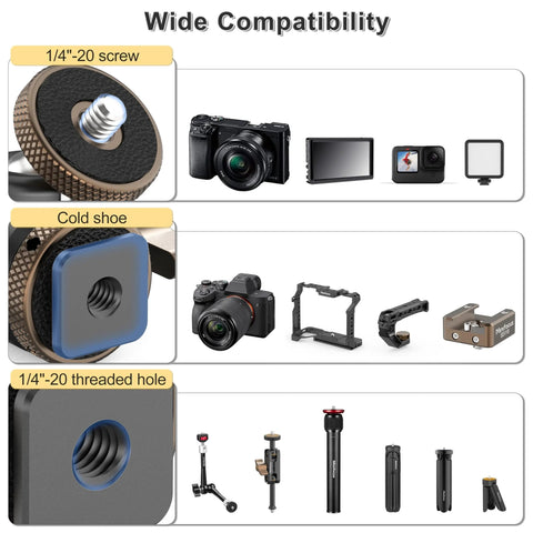 Metal Ball Head For Tripods And Mounts With 360 Degree Swivel And 125 Degree Tilt One Quarter Inch Cold Shoe Adapter compatibility chart