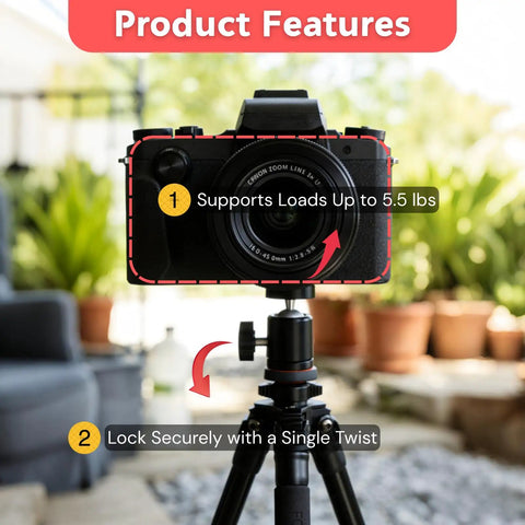 Quarter Inch Mini Ball Head Tripod Mount 3 Pack With 360 Degree Rotating Panoramic Base Adapters holding camera on tripod