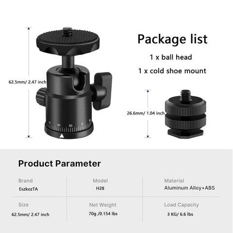 Universal Quarter Inch Swivel Mini Ball Head Tripod Mount With Hot Shoe Attachment For DSLR Cameras package list and dimensions