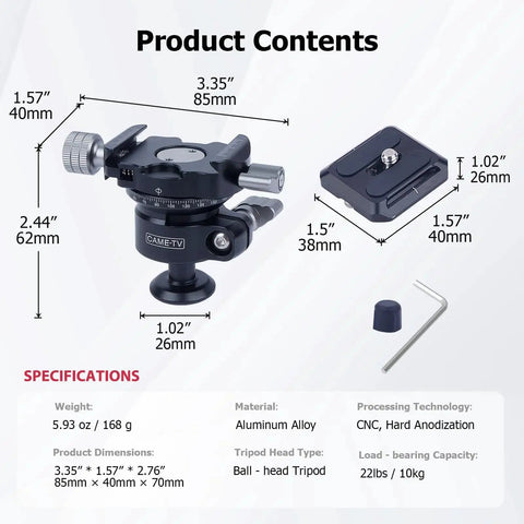 360 Degree Ball Head Tripod Mount With Dual Panoramic Rotation For DSLR Mirrorless And Sports Cameras CNC Aluminum Alloy Construction 10Kg Load Capacity Independent Locking Knobs Quick Release Plate Model 61038 product dimensions and features.