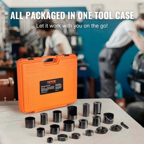 Orange Ball Joint Press Kit, 21 pcsTool Kit, C-Press Ball Joint Remove and Install Tools for automotive repair on table.