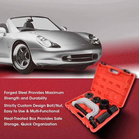 Ball Joint Press and U Joint Removal Kit, 10 PCS in portable storage case next to a silver car on a red and gray background.