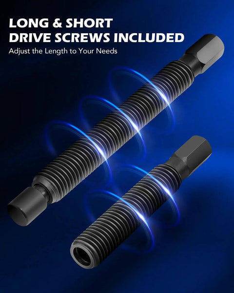 Image showing long and short drive screws included in the Ball Joint Press Kit With C Frame Press For Ball Joints And Universal Joints U Joints Brake Anchor Pins And Wheel Studs U Joint Removal Tool Set Includes C Frame Press And Two Screws For Easy Joint Replacement.