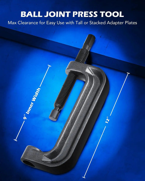Ball Joint Press Kit With C Frame Press, showing 9-inch inner width and 12-inch height tool, ideal for joint and pin removals