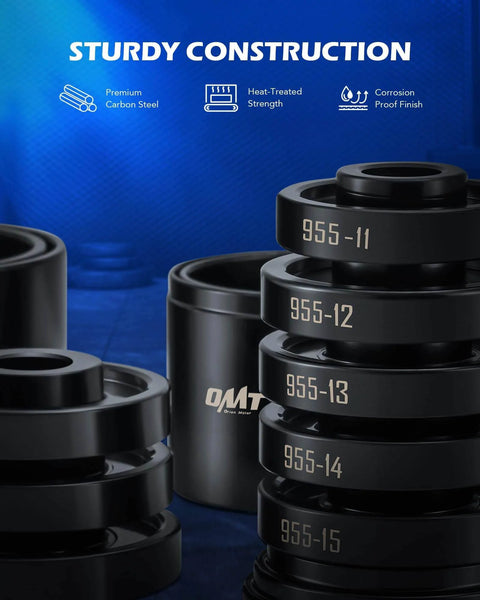Close-up of 34pc Ball Joint & Wheel Bearing Press Kit sleeves with product labels and sturdy construction features highlighted.