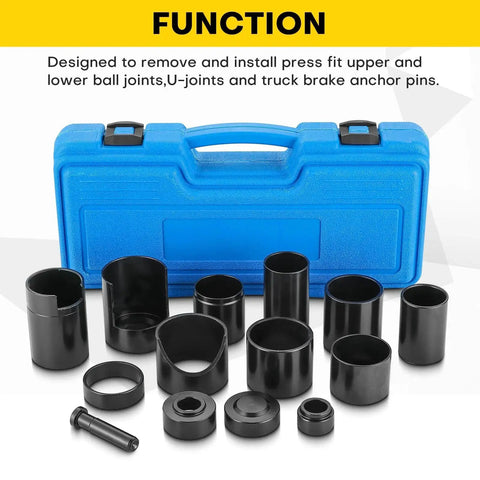 Master Ball Joint Remover And Installer Tool Set, 14 Piece Adapter Kit, blue case and black oxide steel components displayed
