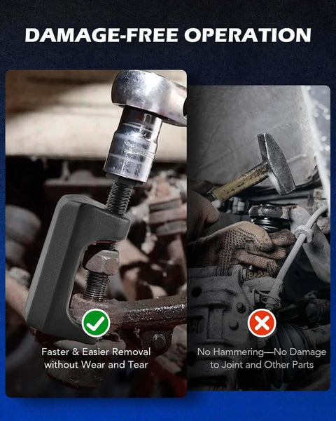 Close-up of 5-in-1 Ball Joint Separator, Pitman Arm Puller, Tie Rod End Tool Set for Front End Service in use, highlighting non-damaging operation