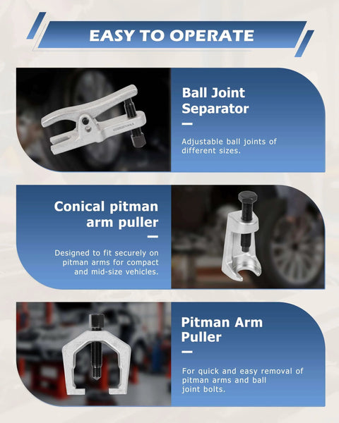 5pcs Professional Front End Service Tool Kit, showing ball joint separator and pitman arm pullers with feature descriptions