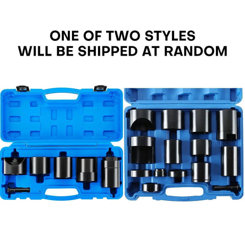 Master Ball Joint Remover And Installer Tool Set, 14 Piece Adapter Kit, shown in blue carrying case with various black attachments