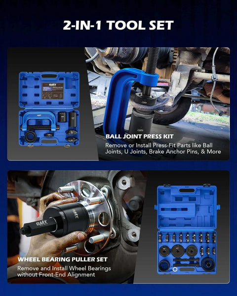 34pc Ball Joint & Wheel Bearing Press Kit with Front Wheel Drive Bearing Puller Tool Set displayed in blue case and in use on vehicle.