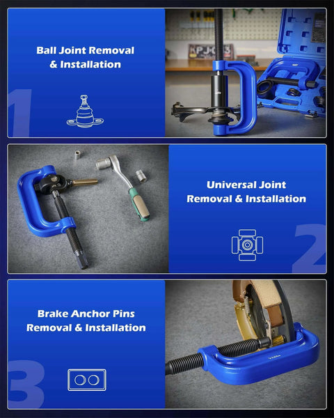 34pc Ball Joint & Wheel Bearing Press Kit demonstrating ball joint, universal joint, and brake anchor pin removal