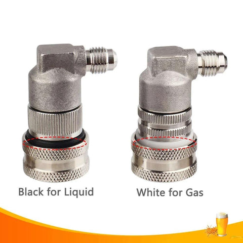 Ball Lock Disconnect For Corny Keg Fittings, Gas And Liquid, MFL Quarter Inch Threaded, Five Sixteenth Inch Stainless Barbed With Hose Clamp