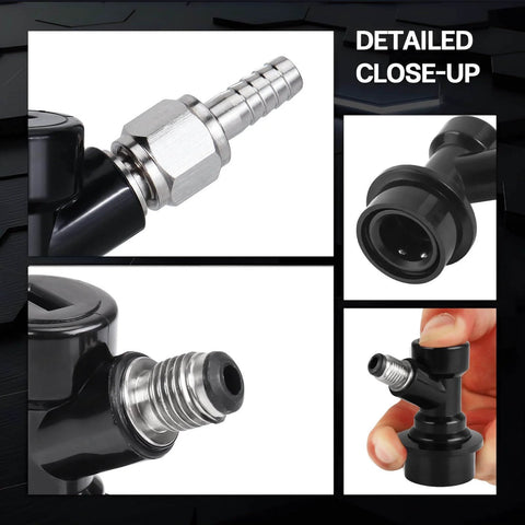 Close-up of Two Pack Ball Lock Disconnects With Stainless One Quarter Inch Liquid Barb For Corny Kegs And Keg Posts MFL Swivel Nuts