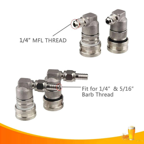 Ball Lock Disconnect For Corny Keg Fittings, Gas And Liquid, MFL Quarter Inch Threaded, Five Sixteenth Inch Stainless Barbed With Hose Clamp