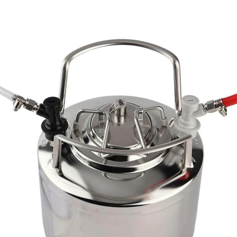 Two Pack Ball Lock Disconnects With Stainless One Quarter Inch Liquid Barb For Corny Kegs And Keg Posts MFL Swivel Nuts Plus Extra Hose Clamps connected to keg