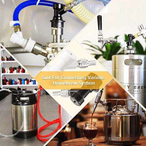 Collage of Corny Keg Ball Lock Quick Disconnect Set For Homebrewing Stainless Five Sixteenths Gas Barb Nut And Quarter Inch Beer Barb Nut Swivel Nuts Hose Clamp Keg Post Coupler Fittings For Cornelius Kegs Leak Free And Easy Connect in use with kegs.