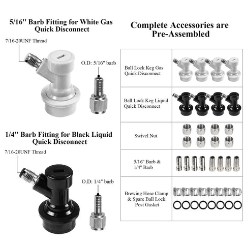 Ball Lock Quick Disconnect Set For Cornelius Kegs, 4 Pairs With 5/16 Inch Gas Barb And 1/4 Inch Beer Barb Fittings displayed