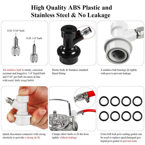 Ball Lock Quick Disconnect Set For Cornelius Kegs, 4 Pairs With 5/16 Inch Gas Barb And 1/4 Inch Beer Barb Fittings, detail view.