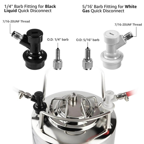 Ball Lock Quick Disconnect Set For Cornelius Kegs, black and white connectors with 5/16 inch gas barb and 1/4 inch beer barb fittings