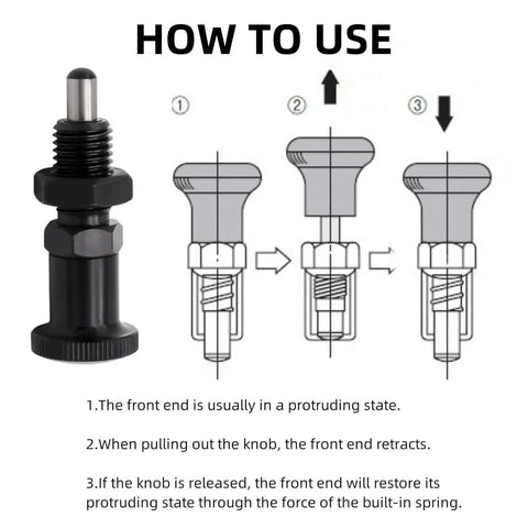 How to use 2 Pack Push Fit Ball Nose Spring Plungers With M12x1.5 Threads, Steel Retractable Return Knob, non lock out indexing.