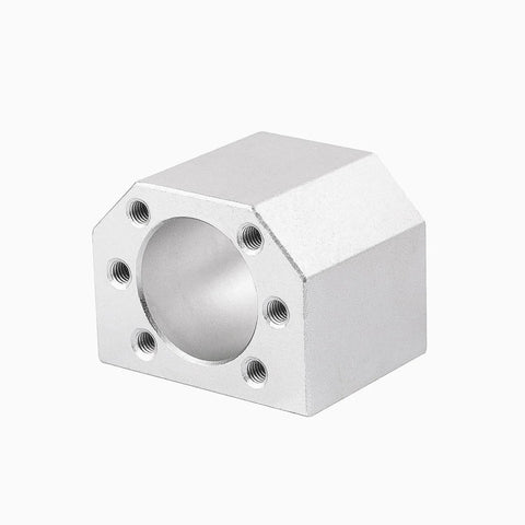 Ball nut housing for 300mm SFU1605 Ball Screw Kit, metal block with screw holes, used in CNC machines and 3D printers for accurate motion.