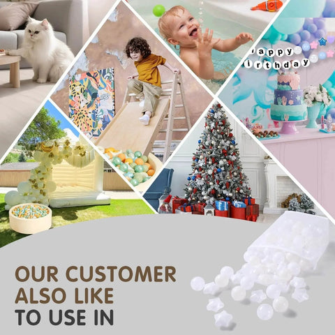 Collage showcasing Ball Pit Balls 100 PCS in various settings, including play area, bathtub, birthday decor, and Christmas scene; beige, white, clear.
