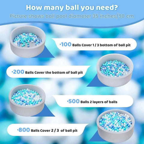 Diagram showing various ball pit fill levels using Ball Pit Balls for Toddlers, BPA Free Crush Proof Plastic Toy Balls, with 100 to 800 balls.