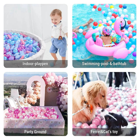 Ball Pit Balls - Pack of 200pcs Crush Proof Plastic Children's Toy Balls Mermaid Ocean Balls for Birthday Party Christmas Water Toy Indoor Outdoor,4 Shapes in various settings, including indoor playpen and swimming pool.