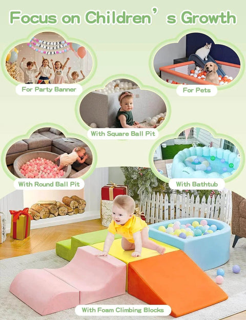 Collage of Macaron Ball Pit Balls for Toddlers in various settings with foam climbing blocks, party banner, and pet in ball pit.