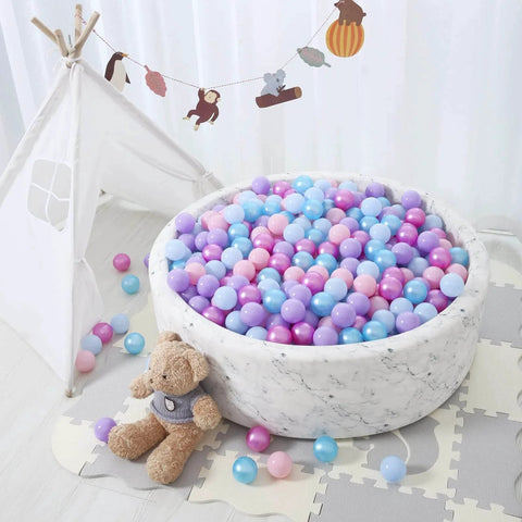 Ball Pit Balls - 100pcs - Crush Proof Plastic Children's Toy Balls Macaron Ocean Balls for Birthday Christmas Parties Games Pool in a round pit with a teddy bear