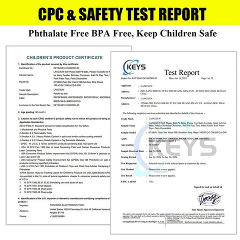 CPC & safety test report for 50 Balls Soft Plastic Ball Pit Balls for Kids, highlighting phthalate free and BPA free details.