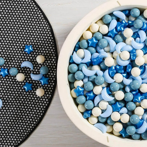 Ball Pit Balls Stars Moon Shapes Plastic Pitballs for Toddler Play Tent Baby Photo Props Kids Pool Water Toys Kiddie Pool Party Decor, Pearl Blue+Cream Blue+White,100PCS displayed in a play area.