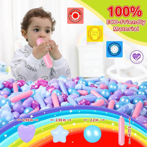Toddler playing with colorful 200-pack crush proof plastic children's toy balls in mermaid ocean colors with 4 shapes for indoor outdoor use.