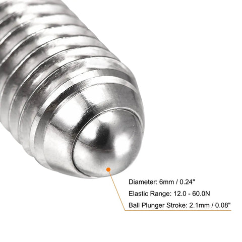 Close-up of Ball Point Set Screws M10 X 20mm 304 Stainless Steel showing ball plunger and dimensions with hex socket drive.