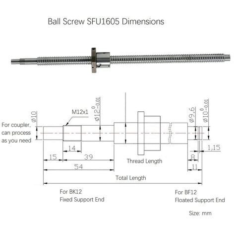 Diagram of 1605 Linear Motion CNC Ball Screw with Anti Backlash Nut, SFU1605 700mm / 27.56 inch 16mm Ballscrew dimensions and ends.