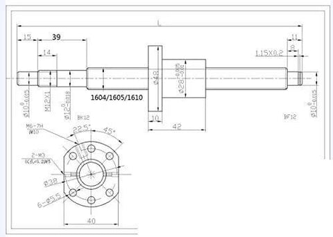 Technical diagram of Ball Screw CNC Parts SFU1605 RM1605 16mm 1200mm with Metal Deflector Ball Screw nut and End Supports BK12/BF12.