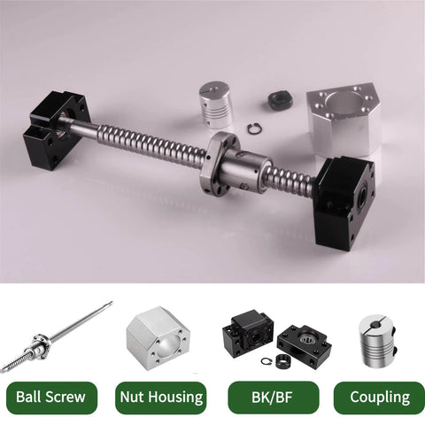 Ball screw kit sfu1605-1500mm/59.055inch shown with ball screws, bk/bf end support, ball nut housing, and shaft coupler