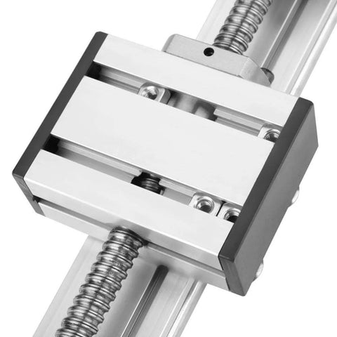Close-up of automatic ball screw linear CNC slide table with stepper motor, 100mm stroke aluminum actuator stage for industrial automation