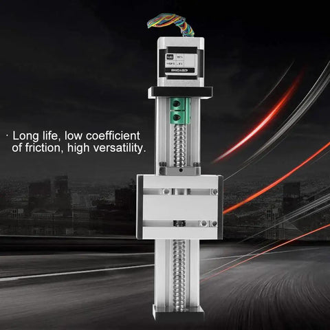 High Precision Ball Screw Linear Slide 1204 with 100mm stroke and 12mm diameter shaft, shown in a dynamic setting