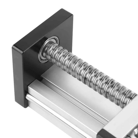 Close-up of automatic ball screw linear CNC slide table with stepper motor, 100mm stroke aluminum actuator stage for industrial automation.