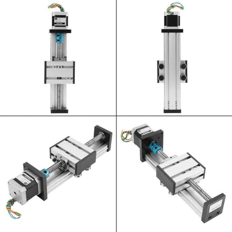 Automatic ball screw linear CNC slide table with stepper motor, 100mm stroke aluminum actuator stage for industrial automation.