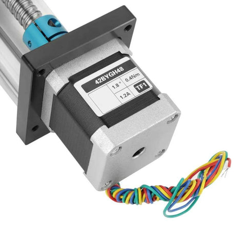 Close-up of automatic ball screw linear CNC slide table with stepper motor, 100mm stroke aluminum actuator stage for industrial automation