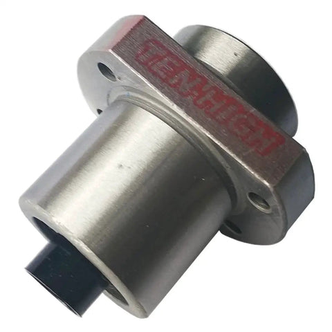 Close-up of ball screw assembly SFE2040 NUW 20mm diameter lead 40mm length, shown with nut, for CNC machines, made of GCr15 steel.