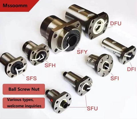 Assorted ball screw nuts including ✝️ SFU2510 Right-Hand Ball Screw Nut (10mm Lead), bearing steel construction, 4-ball circuit design.