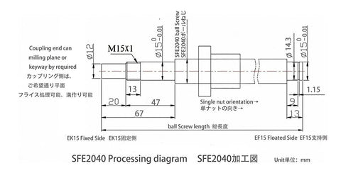 Technical diagram of Ball Screw Assembly SFE2040 NUW 20mm Diameter Lead 40mm Length 950mm according to CNC machining standards.