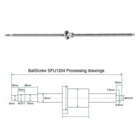 Ball Screw SFU1204 12mm Diameter Lead 4mm Length 700mm With Ball Screw Nut Anti Backlash Kit drawing and specs diagram