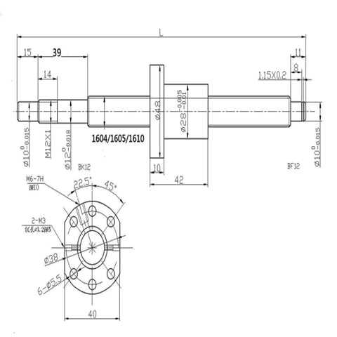 Technical diagram of Ball Screw SFU1605 1050mm Length 16mm Diameter 5mm Pitch Kit with nut housing and coupler for CNC machines