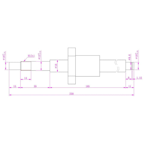 Technical diagram of ✝️ Ball Screw SFU1605 (Diameter 16mm Pitch 5mm) Length 250mm with Metal Ball Screw Nut, dimensions labeled, side view