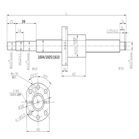 Technical drawing of Ball Screw SFU1605 900mm Kit with 16mm diameter, 5mm lead, nut housing, bracket end supports BK12 BF12, and coupler for CNC.